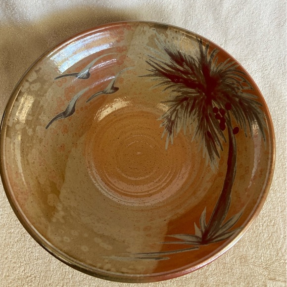 Studio Pottery Large Hand Thrown Bowl Tropical Palm Trees Bird Mixing Decor - Picture 2 of 10